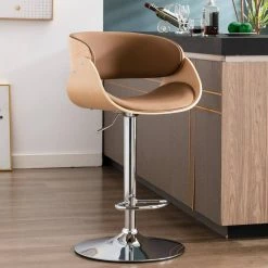 Brown PU Leather Ecru Bent Wood Swivel Bar Chair with Adjustable Height by HOMEFUN -Cheap LR Home Store khaki homefun bar stools hfhdsn 21234929 c3 1000