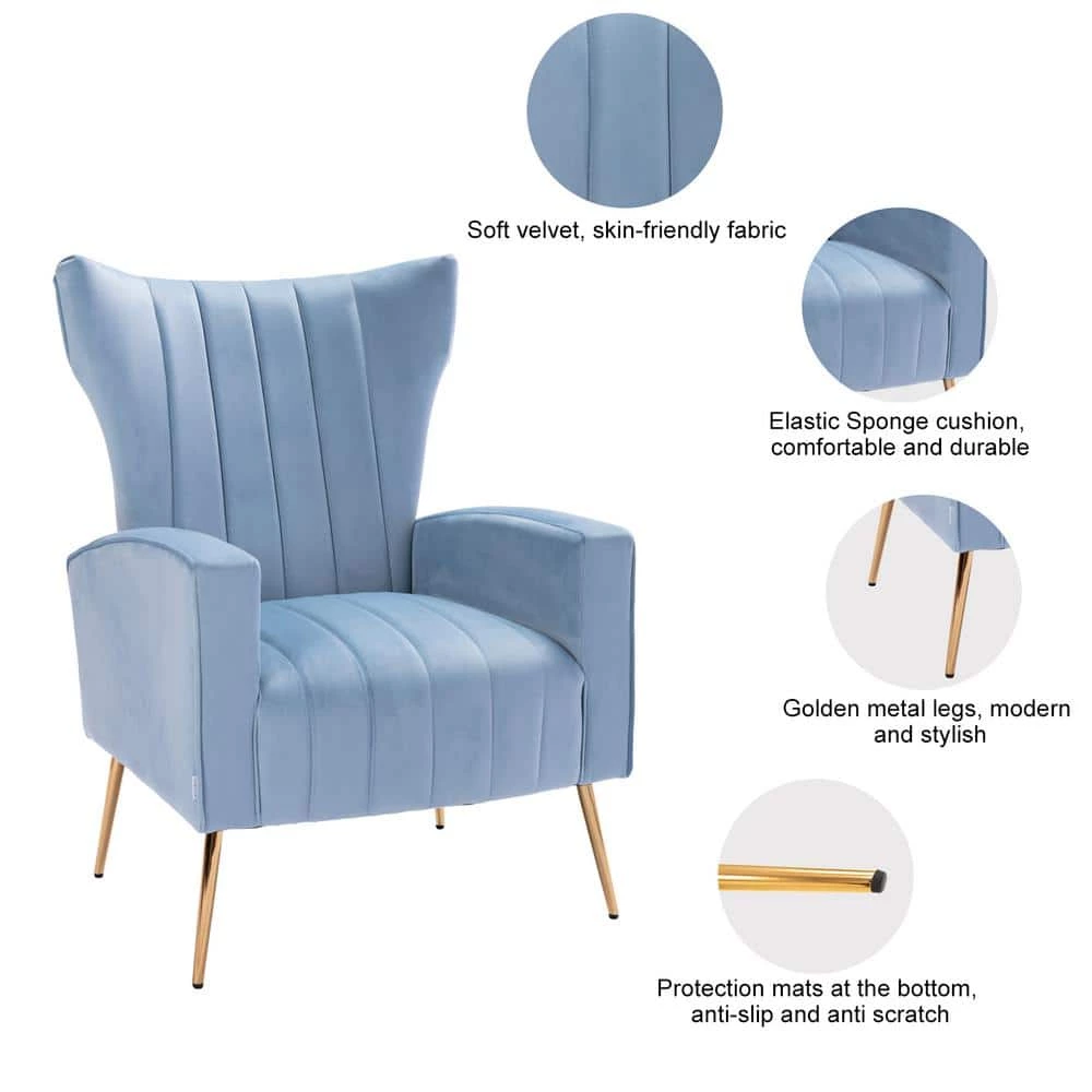 Light Blue Velvet Wingback Chair with Golden Leg by HOMEFUN 8 Light Blue Velvet Wingback Chair with Golden Leg by HOMEFUN - Image 6