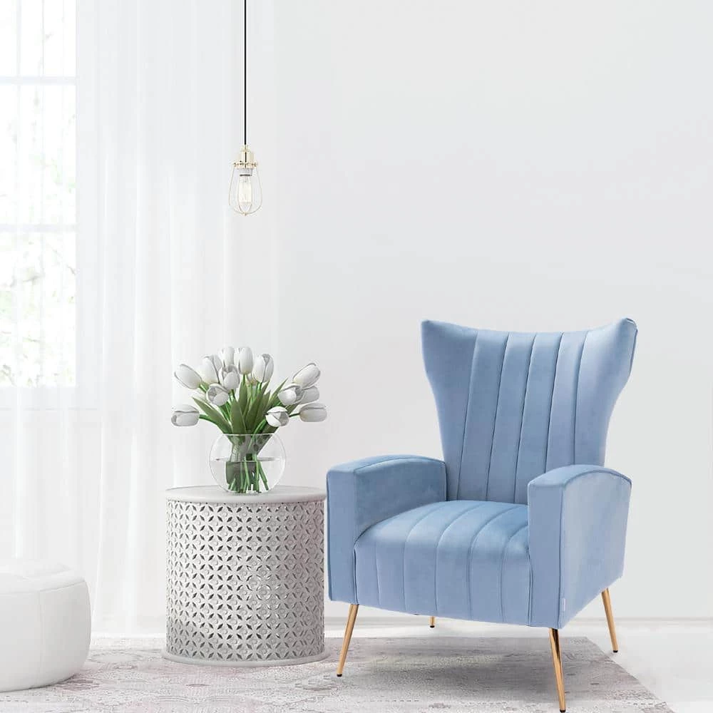 Light Blue Velvet Wingback Chair with Golden Leg by HOMEFUN 12 Light Blue Velvet Wingback Chair with Golden Leg by HOMEFUN - Image 10