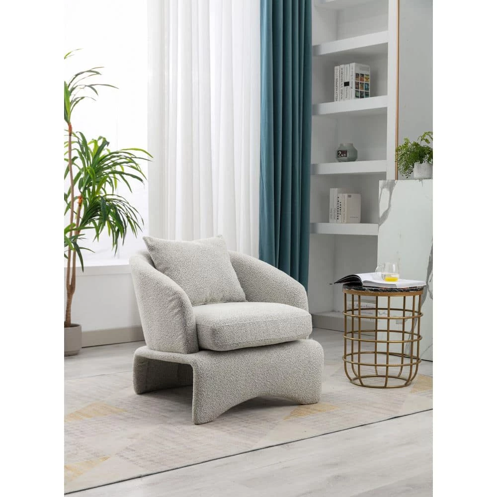 Modern Light Gray Armchair Upholstered Teddy Fabric Accent with Wood Base and Pillow by HOMEFUN 10 Modern Light Gray Armchair Upholstered Teddy Fabric Accent with Wood Base and Pillow by HOMEFUN - Image 8