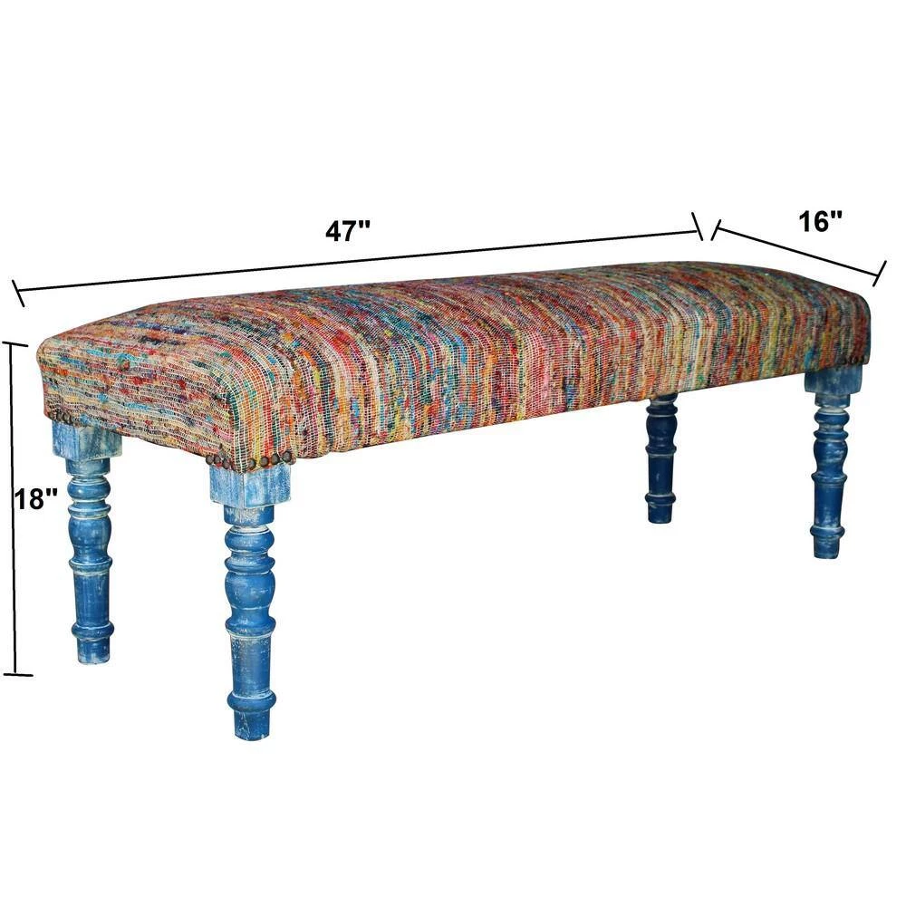 Colorful 47 in. Multi-Color Viscose Chindi Bench with Blue Legs by LR Home 7 Colorful 47 in. Multi-Color Viscose Chindi Bench with Blue Legs by LR Home - Image 5
