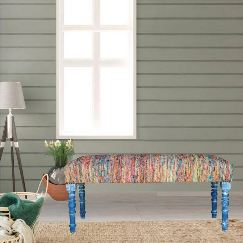 Colorful 47 in. Multi-Color Viscose Chindi Bench with Blue Legs by LR Home 10 Colorful 47 in. Multi-Color Viscose Chindi Bench with Blue Legs by LR Home - Image 8