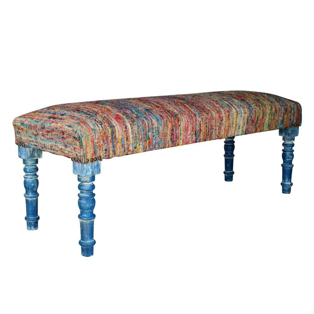 Colorful 47 in. Multi-Color Viscose Chindi Bench with Blue Legs by LR Home 8 Colorful 47 in. Multi-Color Viscose Chindi Bench with Blue Legs by LR Home - Image 6
