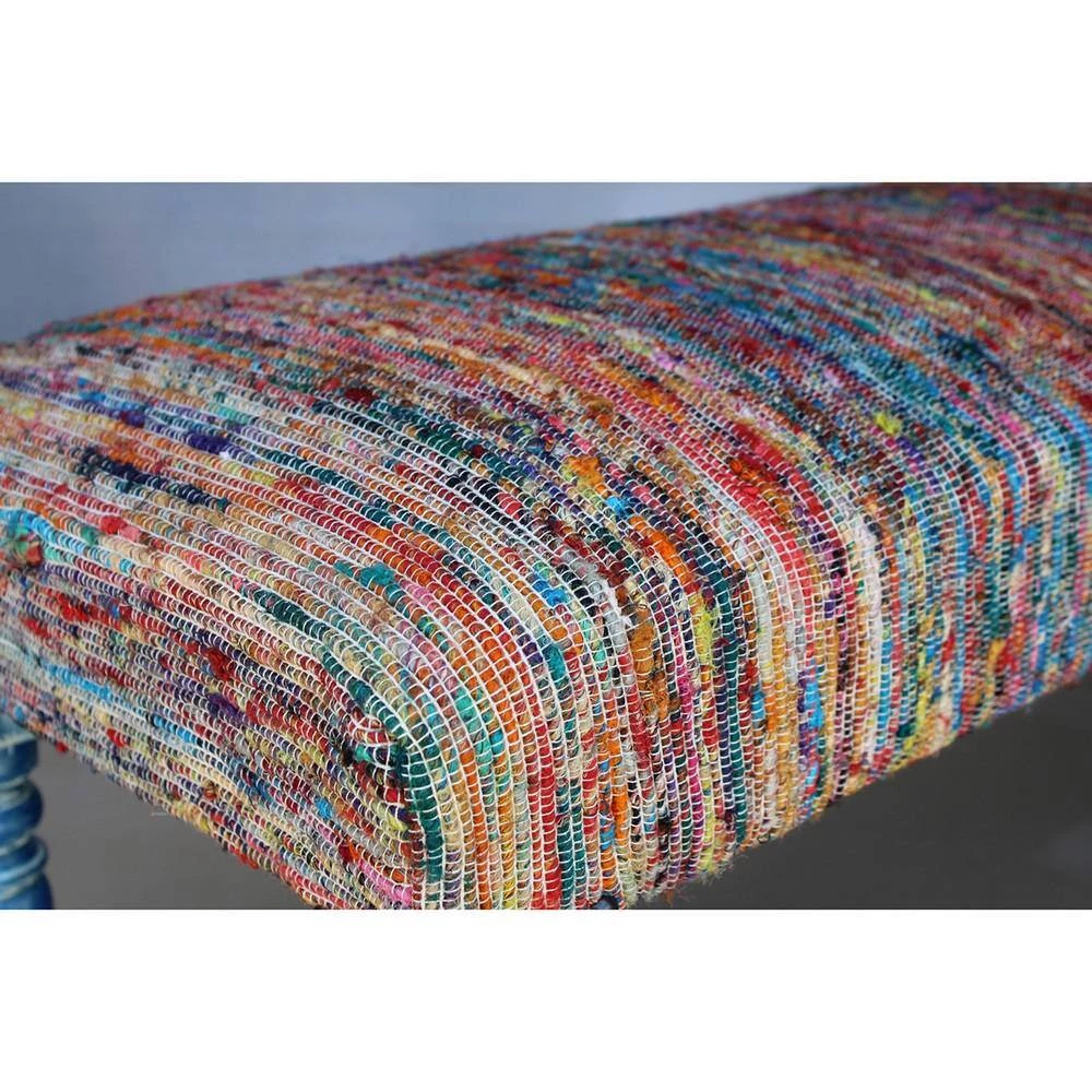 Colorful 47 in. Multi-Color Viscose Chindi Bench with Blue Legs by LR Home 5 Colorful 47 in. Multi-Color Viscose Chindi Bench with Blue Legs by LR Home - Image 3