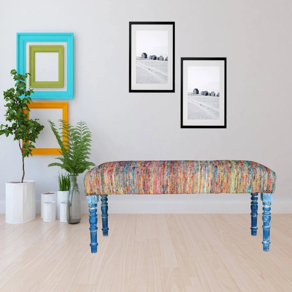 Colorful 47 in. Multi-Color Viscose Chindi Bench with Blue Legs by LR Home 9 Colorful 47 in. Multi-Color Viscose Chindi Bench with Blue Legs by LR Home - Image 7