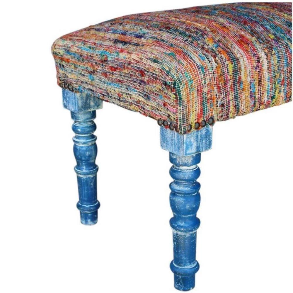 Colorful 47 in. Multi-Color Viscose Chindi Bench with Blue Legs by LR Home 4 Colorful 47 in. Multi-Color Viscose Chindi Bench with Blue Legs by LR Home - Image 2