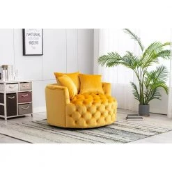 Mustard Yellow Swivel Velvet Upholstered Barrel Living Room Chair with Tufted Cushions by HOMEFUN -Cheap LR Home Store mustard yellow homefun accent chairs hfhdsn 856ms 31 1000