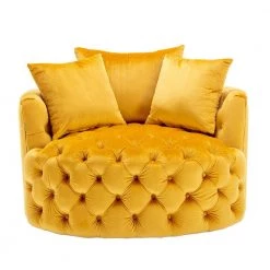 Mustard Yellow Swivel Velvet Upholstered Barrel Living Room Chair with Tufted Cushions by HOMEFUN