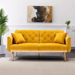63.7 in Wide Mustard Yellow Velvet Upholstered 2-Seater Convertible Sofa Bed with Golden Metal Legs by HOMEFUN 17 63.7 in Wide Mustard Yellow Velvet Upholstered 2-Seater Convertible Sofa Bed with Golden Metal Legs by HOMEFUN -Cheap LR Home Store mustard yellow homefun sofa beds hfhdsn 925ms 1f 1000