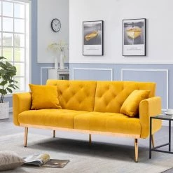 63.7 in Wide Mustard Yellow Velvet Upholstered 2-Seater Convertible Sofa Bed with Golden Metal Legs by HOMEFUN 21 63.7 in Wide Mustard Yellow Velvet Upholstered 2-Seater Convertible Sofa Bed with Golden Metal Legs by HOMEFUN -Cheap LR Home Store mustard yellow homefun sofa beds hfhdsn 925ms 31 1000