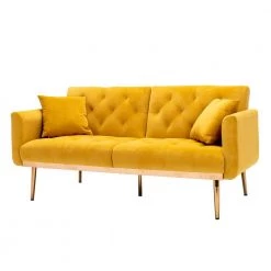 63.7 in Wide Mustard Yellow Velvet Upholstered 2-Seater Convertible Sofa Bed with Golden Metal Legs by HOMEFUN 16 63.7 in Wide Mustard Yellow Velvet Upholstered 2-Seater Convertible Sofa Bed with Golden Metal Legs by HOMEFUN -Cheap LR Home Store mustard yellow homefun sofa beds hfhdsn 925ms 4f 1000