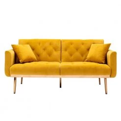 63.7 in Wide Mustard Yellow Velvet Upholstered 2-Seater Convertible Sofa Bed with Golden Metal Legs by HOMEFUN