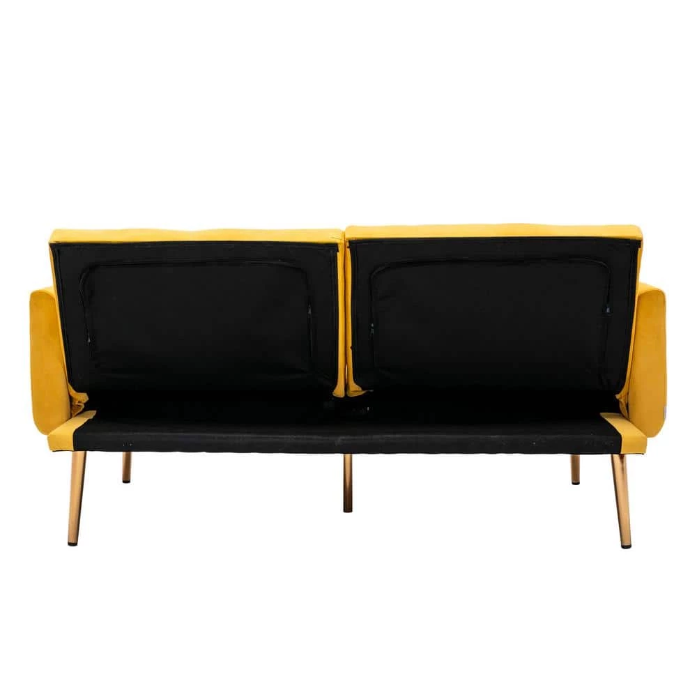 63.7 in Wide Mustard Yellow Velvet Upholstered 2-Seater Convertible Sofa Bed with Golden Metal Legs by HOMEFUN 5 63.7 in Wide Mustard Yellow Velvet Upholstered 2-Seater Convertible Sofa Bed with Golden Metal Legs by HOMEFUN - Image 3