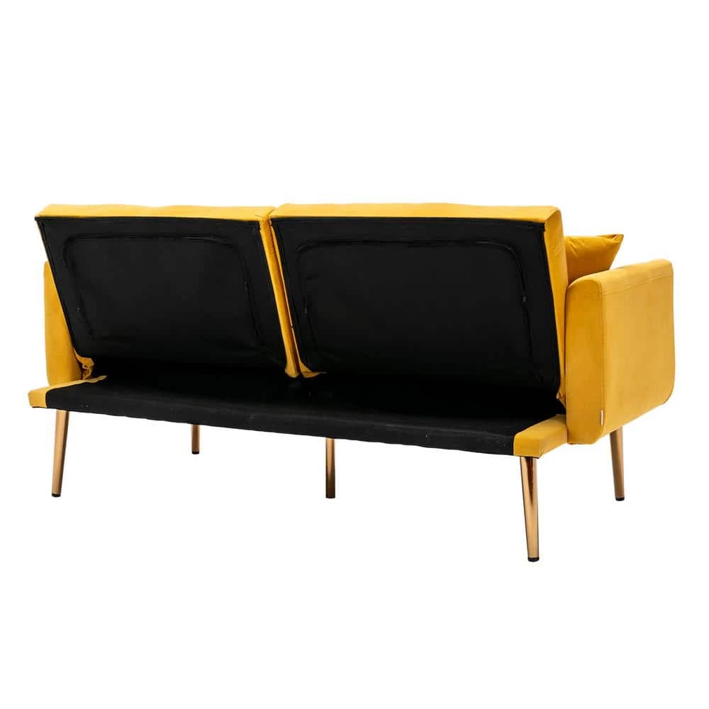 63.7 in Wide Mustard Yellow Velvet Upholstered 2-Seater Convertible Sofa Bed with Golden Metal Legs by HOMEFUN 11 63.7 in Wide Mustard Yellow Velvet Upholstered 2-Seater Convertible Sofa Bed with Golden Metal Legs by HOMEFUN - Image 9