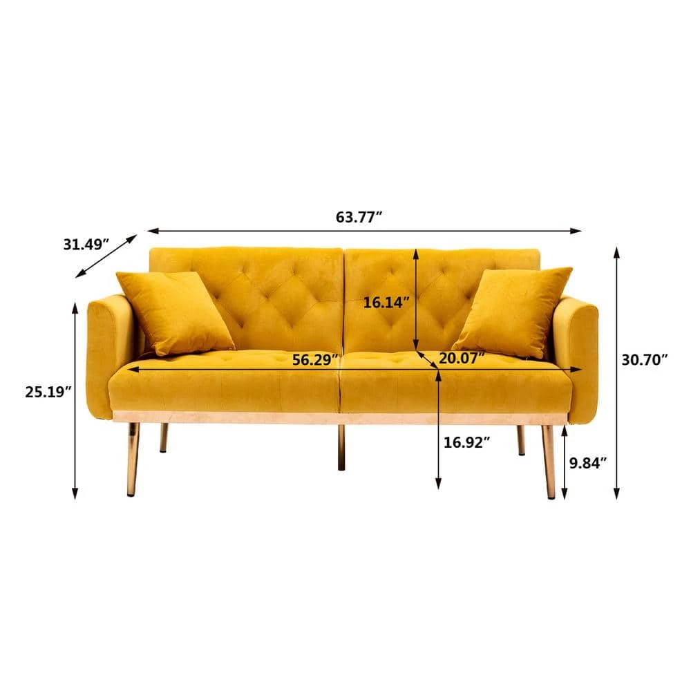 63.7 in Wide Mustard Yellow Velvet Upholstered 2-Seater Convertible Sofa Bed with Golden Metal Legs by HOMEFUN 10 63.7 in Wide Mustard Yellow Velvet Upholstered 2-Seater Convertible Sofa Bed with Golden Metal Legs by HOMEFUN - Image 8
