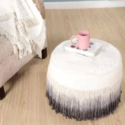 Tie Dye Tassel Natural / Grey Round 20 in. x 14 in. Indoor Pouf by LR Home -Cheap LR Home Store natural grey lr home ottomans poufs99713ngy2014 44 1000