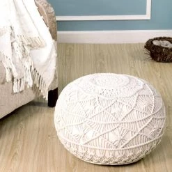 Macrame Natural 20 in. x 16 in. Round Indoor Pouf by LR Home -Cheap LR Home Store natural lr home ottomans poufs99707nat1814 1d 1000