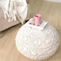 Macrame Natural 20 in. x 16 in. Round Indoor Pouf by LR Home -Cheap LR Home Store natural lr home ottomans poufs99707nat1814 76 1000