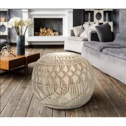 Macrame Natural 20 in. x 16 in. Round Indoor Pouf by LR Home -Cheap LR Home Store natural lr home ottomans poufs99707nat1814 d4 1000