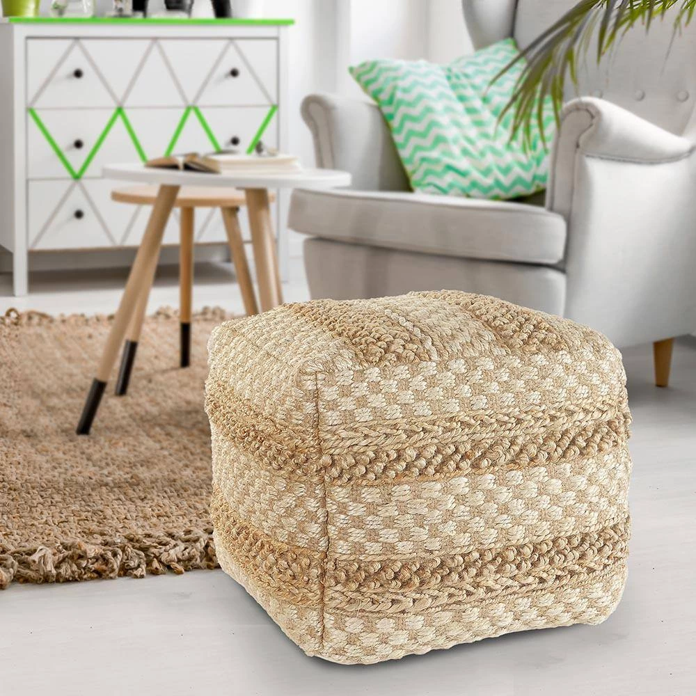 Natural Jute Brown Blocks Checks Pouf by LR Home 8 Natural Jute Brown Blocks Checks Pouf by LR Home - Image 6