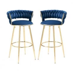 35 in. Navy Blue Velvet Metal Frame Cushioned Bar Stool with Gold Metal Legs (Set of 2) by HOMEFUN
