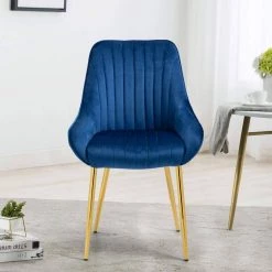 Modern Navy Blue Velvet Upholstered High Back Dining Chair with 4 Golden Metal Legs by HOMEFUN -Cheap LR Home Store navy blue homefun dining chairs hfhdsn 887ny 31 1000