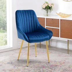Modern Navy Blue Velvet Upholstered High Back Dining Chair with 4 Golden Metal Legs by HOMEFUN -Cheap LR Home Store navy blue homefun dining chairs hfhdsn 887ny fa 1000