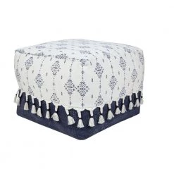 Scandinavian Navy Blue / Ivory Ornamental Motif Pouf Ottoman by LR Home
