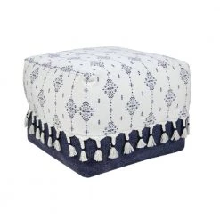 Scandinavian Navy Blue / Ivory Ornamental Motif Pouf Ottoman by LR Home -Cheap LR Home Store navy blue ivory lr home ottomans poufs34037nav1612 c3 1000
