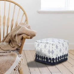Scandinavian Navy Blue / Ivory Ornamental Motif Pouf Ottoman by LR Home -Cheap LR Home Store navy blue ivory lr home ottomans poufs34037nav1612 d4 1000