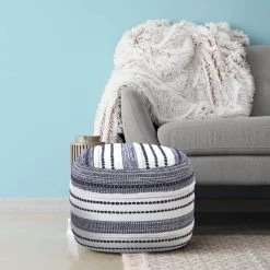 Seaside Navy Blue / Ivory Striped Textured Pouf Ottoman by LR Home -Cheap LR Home Store navy blue ivory lr home ottomans poufs34044nav1612 31 1000