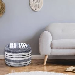 Seaside Navy Blue / Ivory Striped Textured Pouf Ottoman by LR Home -Cheap LR Home Store navy blue ivory lr home ottomans poufs34044nav1612 d4 1000
