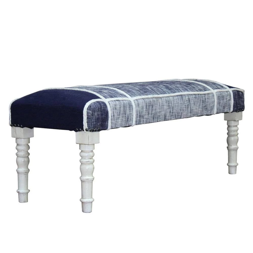 Minimal 47 in. Navy Blue Cotton Checks Plaid Bench with White Legs by LR Home 7 Minimal 47 in. Navy Blue Cotton Checks Plaid Bench with White Legs by LR Home - Image 5