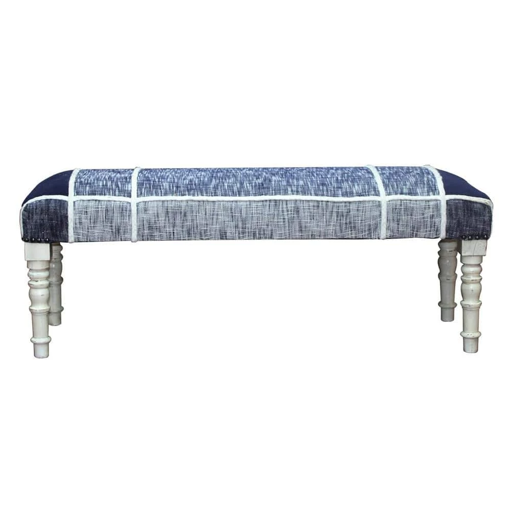 Minimal 47 in. Navy Blue Cotton Checks Plaid Bench with White Legs by LR Home 3 Minimal 47 in. Navy Blue Cotton Checks Plaid Bench with White Legs by LR Home