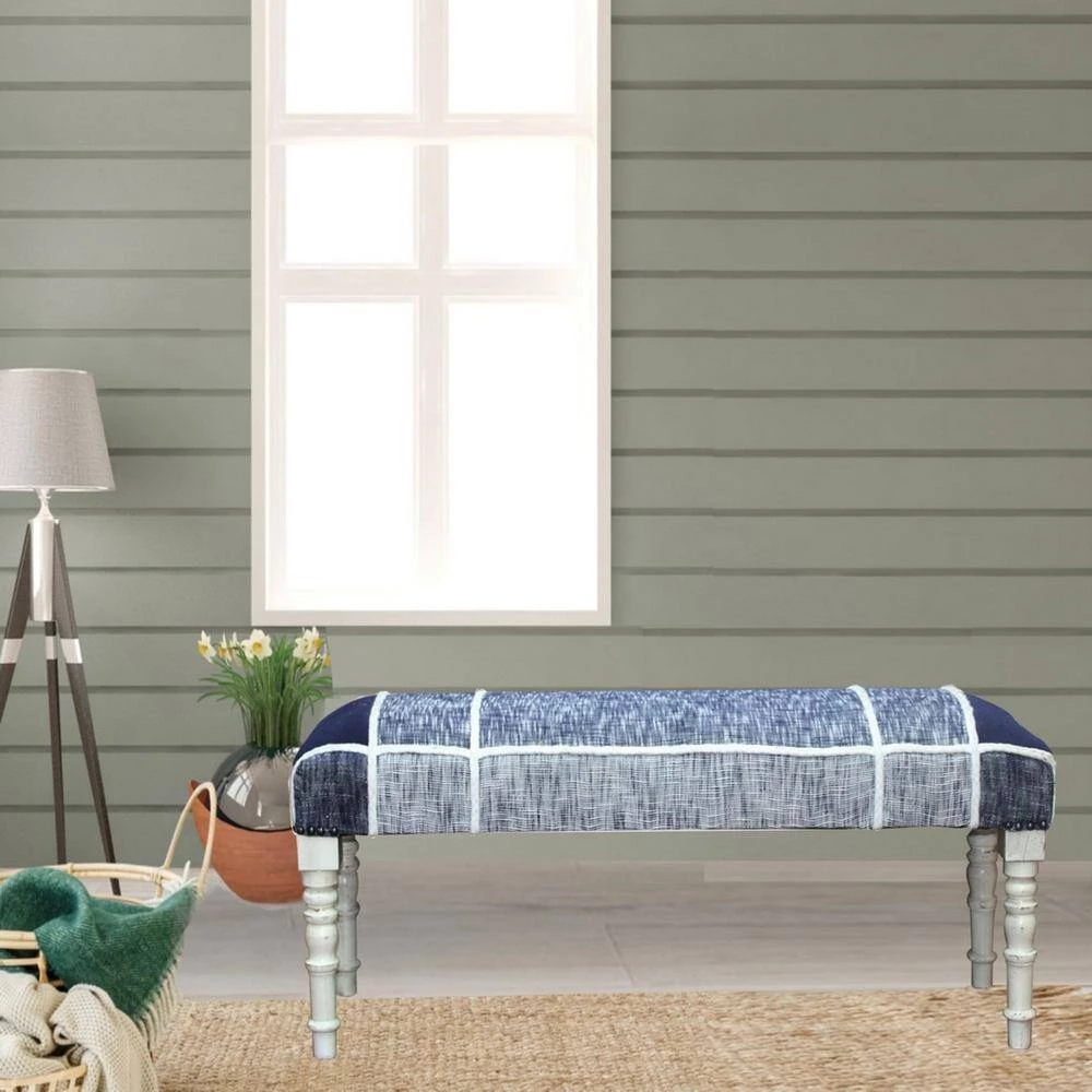 Minimal 47 in. Navy Blue Cotton Checks Plaid Bench with White Legs by LR Home 9 Minimal 47 in. Navy Blue Cotton Checks Plaid Bench with White Legs by LR Home - Image 7
