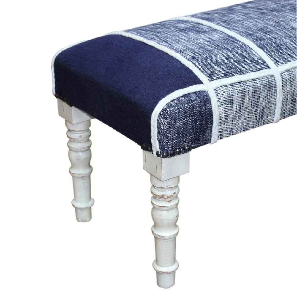 Minimal 47 in. Navy Blue Cotton Checks Plaid Bench with White Legs by LR Home 4 Minimal 47 in. Navy Blue Cotton Checks Plaid Bench with White Legs by LR Home - Image 2