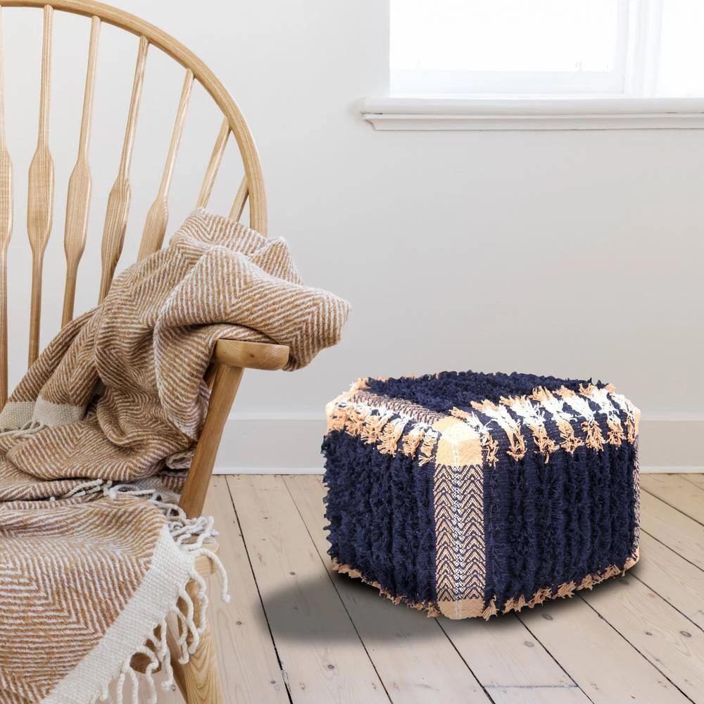 Shabby Chic Navy Blue / Peach 18" x 14" Square Rustic Textured Cotton Pouf by LR Home 11 Shabby Chic Navy Blue / Peach 18" x 14" Square Rustic Textured Cotton Pouf by LR Home - Image 9