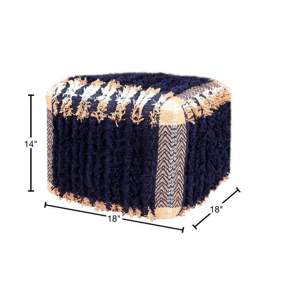 Shabby Chic Navy Blue / Peach 18" x 14" Square Rustic Textured Cotton Pouf by LR Home 4 Shabby Chic Navy Blue / Peach 18" x 14" Square Rustic Textured Cotton Pouf by LR Home - Image 2