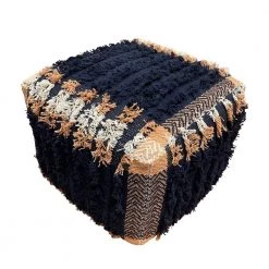 Shabby Chic Navy Blue / Peach 18" x 14" Square Rustic Textured Cotton Pouf by LR Home