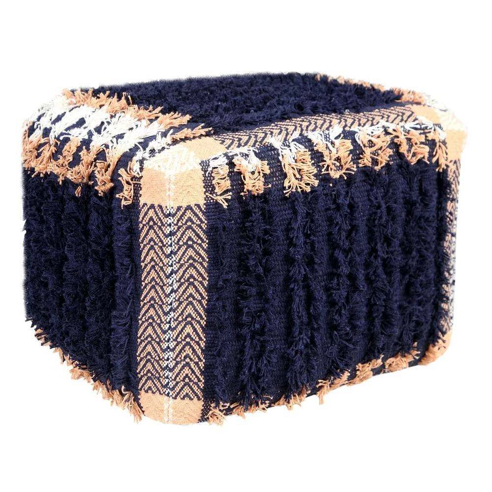 Shabby Chic Navy Blue / Peach 18" x 14" Square Rustic Textured Cotton Pouf by LR Home 10 Shabby Chic Navy Blue / Peach 18" x 14" Square Rustic Textured Cotton Pouf by LR Home - Image 8
