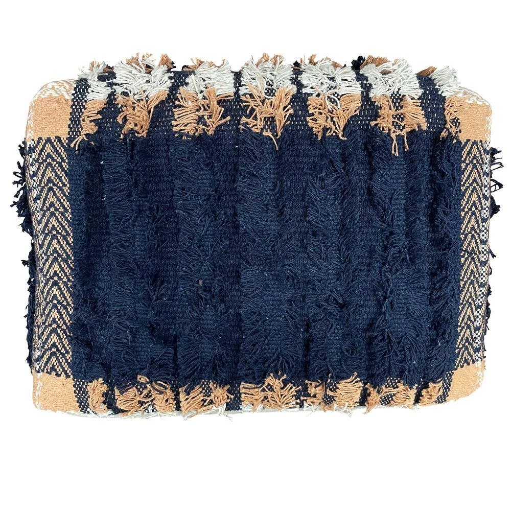 Shabby Chic Navy Blue / Peach 18" x 14" Square Rustic Textured Cotton Pouf by LR Home 5 Shabby Chic Navy Blue / Peach 18" x 14" Square Rustic Textured Cotton Pouf by LR Home - Image 3