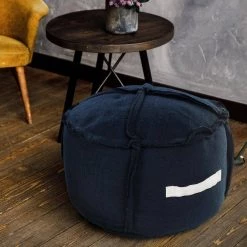 Solid Textured Navy Blue / White Indoor Outdoor Pouf with Handles by LR Home -Cheap LR Home Store navy blue white lr home ottomans poufs34015nav2012 31 1000