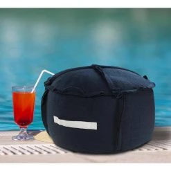 Solid Textured Navy Blue / White Indoor Outdoor Pouf with Handles by LR Home -Cheap LR Home Store navy blue white lr home ottomans poufs34015nav2012 d4 1000