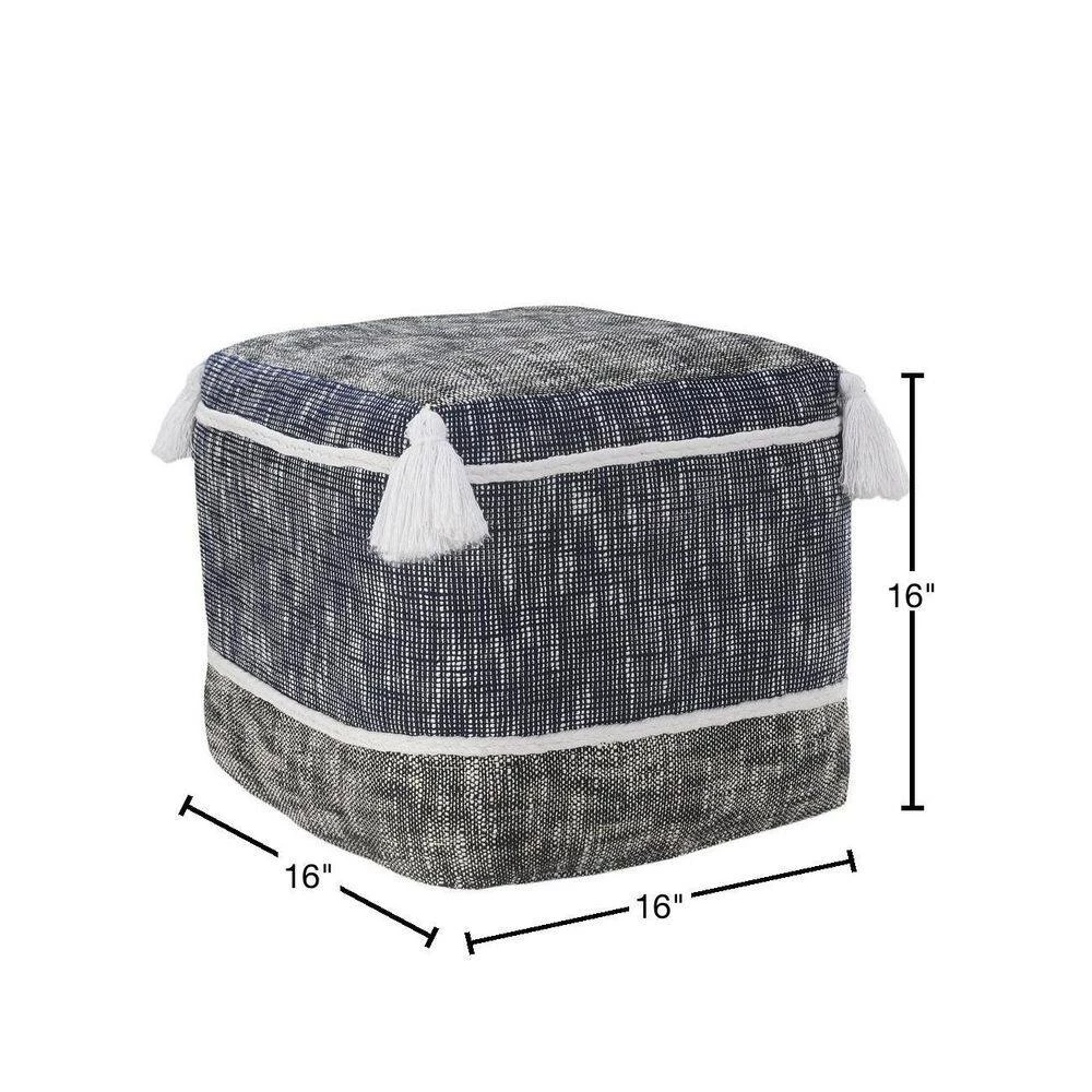 Blue/White Modern Distressed Rope Lined Tasseled Pouf by LR Home 4 Blue/White Modern Distressed Rope Lined Tasseled Pouf by LR Home - Image 2
