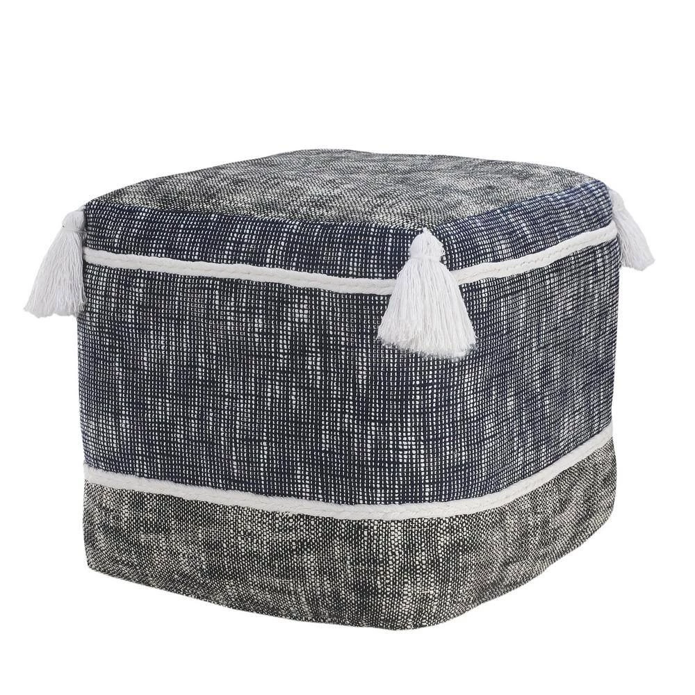 Blue/White Modern Distressed Rope Lined Tasseled Pouf by LR Home 9 Blue/White Modern Distressed Rope Lined Tasseled Pouf by LR Home - Image 7