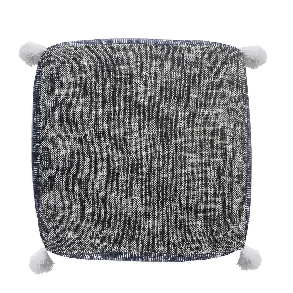 Blue/White Modern Distressed Rope Lined Tasseled Pouf by LR Home 7 Blue/White Modern Distressed Rope Lined Tasseled Pouf by LR Home - Image 5