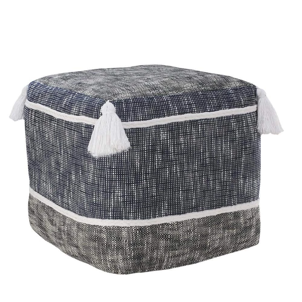 Blue/White Modern Distressed Rope Lined Tasseled Pouf by LR Home 3 Blue/White Modern Distressed Rope Lined Tasseled Pouf by LR Home