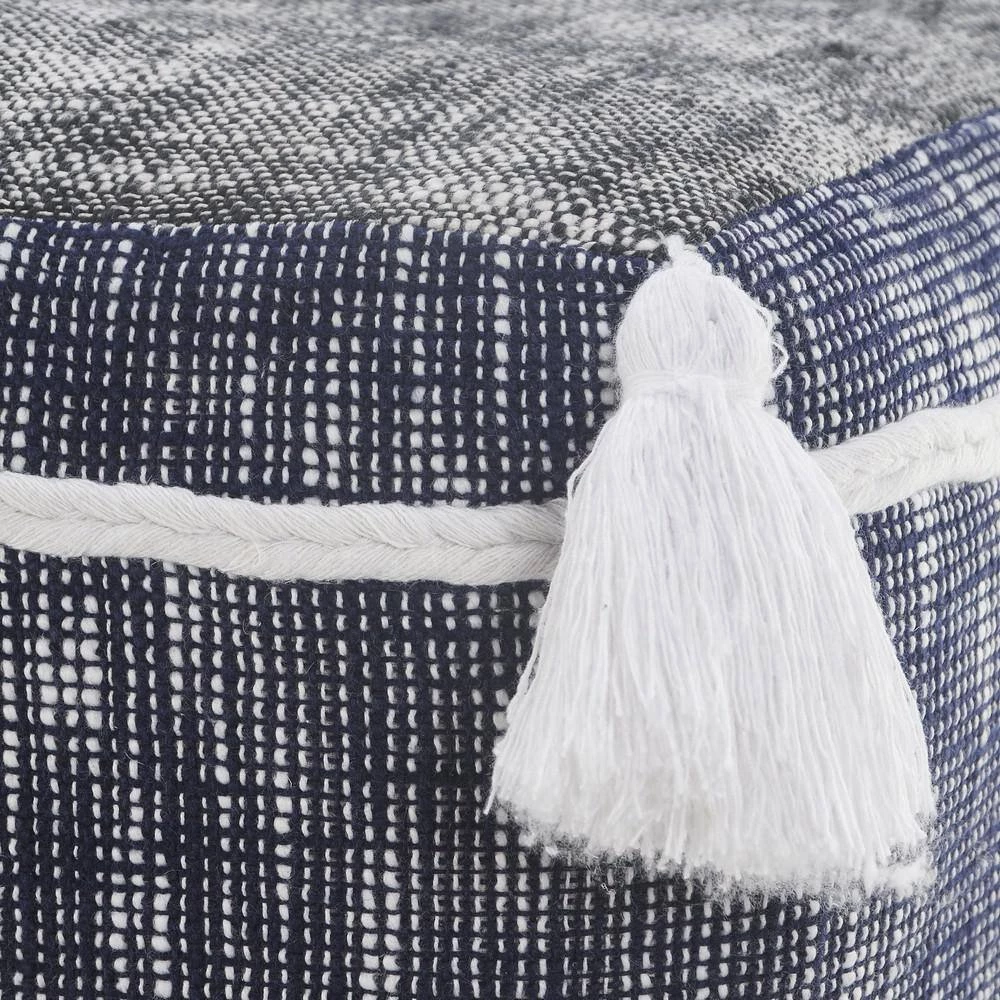 Blue/White Modern Distressed Rope Lined Tasseled Pouf by LR Home 6 Blue/White Modern Distressed Rope Lined Tasseled Pouf by LR Home - Image 4