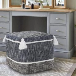 Blue/White Modern Distressed Rope Lined Tasseled Pouf by LR Home 18 Blue/White Modern Distressed Rope Lined Tasseled Pouf by LR Home -Cheap LR Home Store navy blue white lr home ottomans poufs34020nav1414 d4 1000