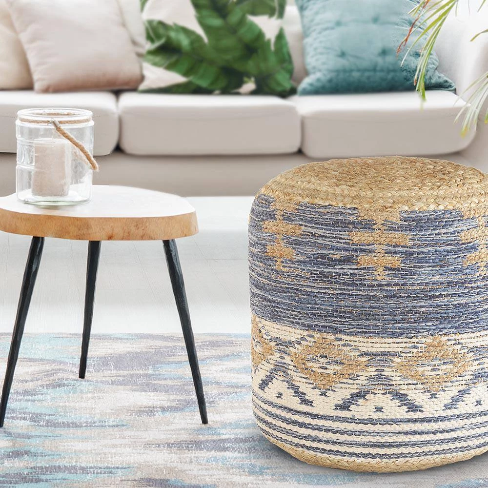 Natural Jute Navy Gray Geometric Pouf by LR Home 8 Natural Jute Navy Gray Geometric Pouf by LR Home - Image 6